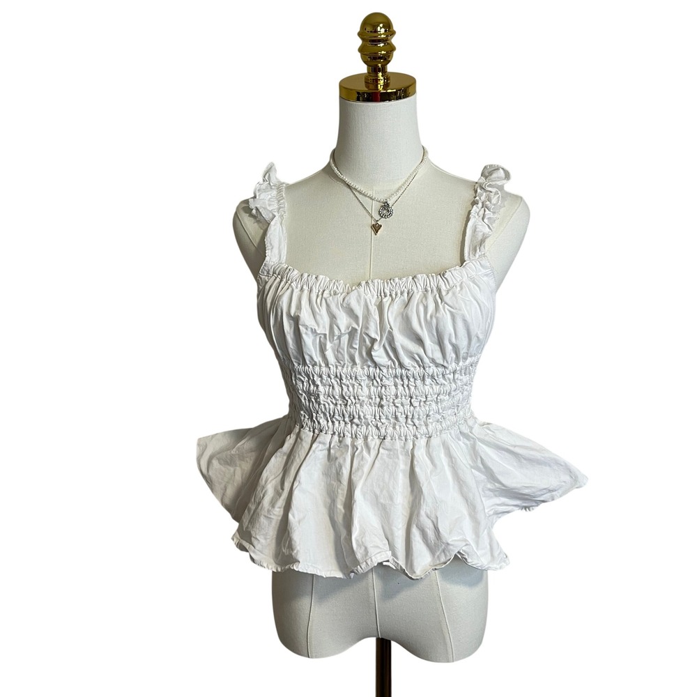 Moon River White Smocked Peplum Top Ruffle Strap Sleeveless Blouse Womens Medium